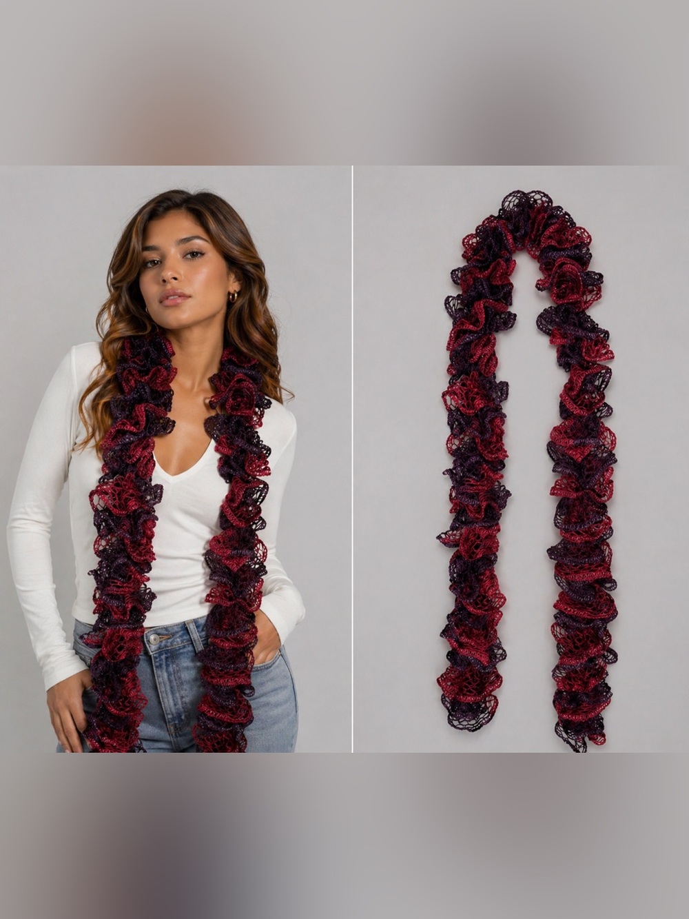 Red Purple Ruffle Scarf Crochet Lace Textured Statement Boho Chic Wrap
